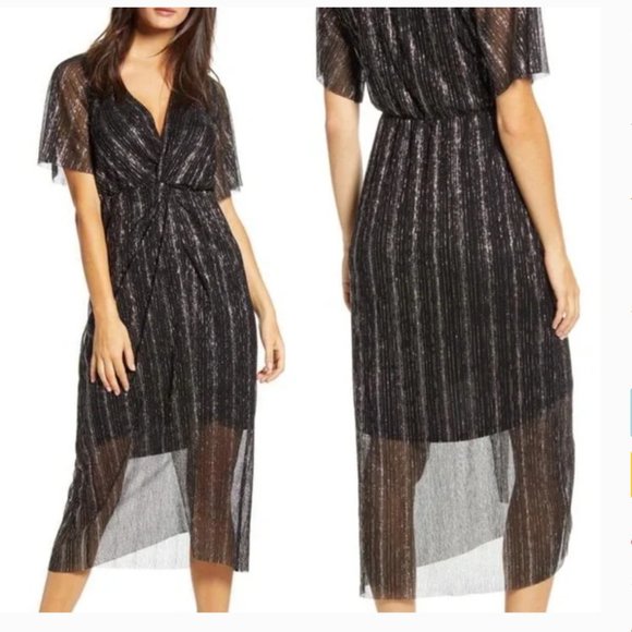 All in Favor Dresses & Skirts - NORDSTROM All in Favor Black & Gold Metallic Dolman Plissé Midi Dress Size L